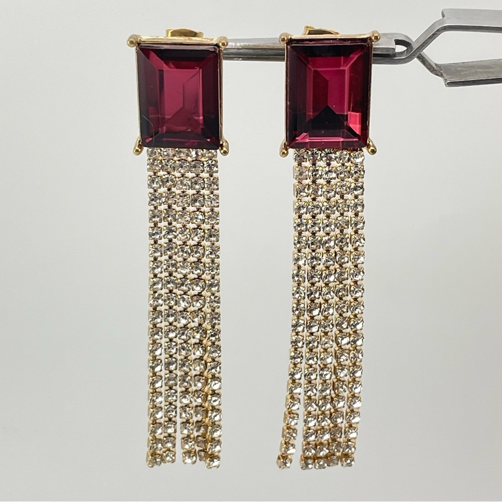 Statement Gold Dangle Earrings W/ Red Crystal & R… - image 3